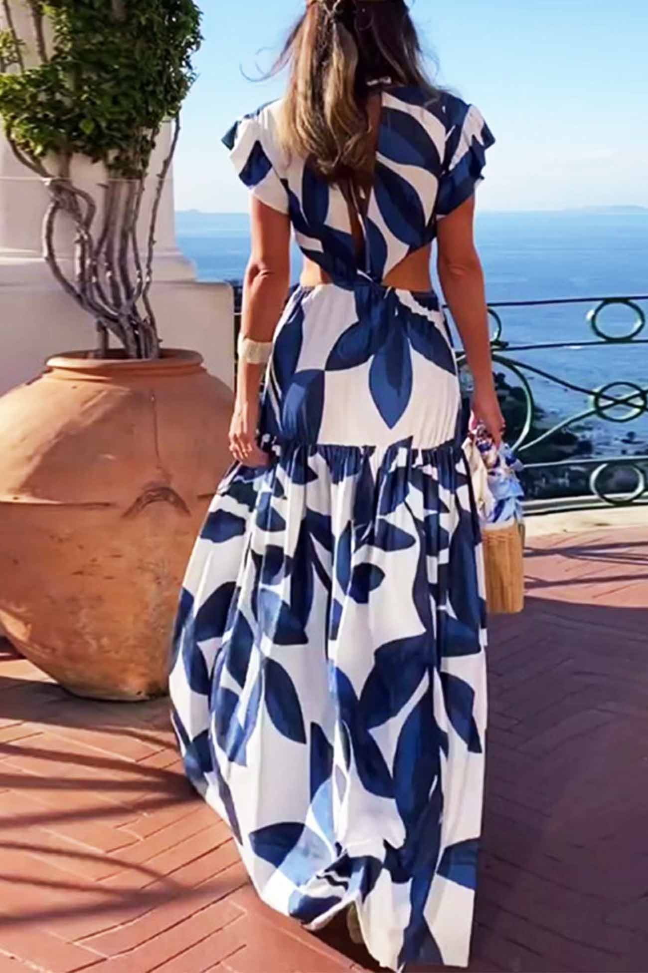 Printed Ruffled Cap Sleeve Cutout Ring Linked Dress