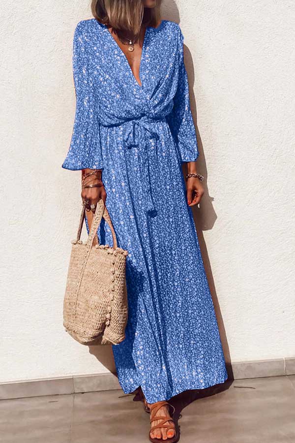 V-neck Lace-up Printed Vacation Dress - Mislish