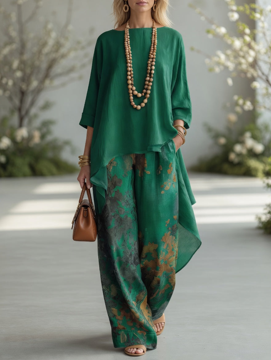 Boat Neck High Low Top and Floral Print Wide Leg Pants Two Piece Set