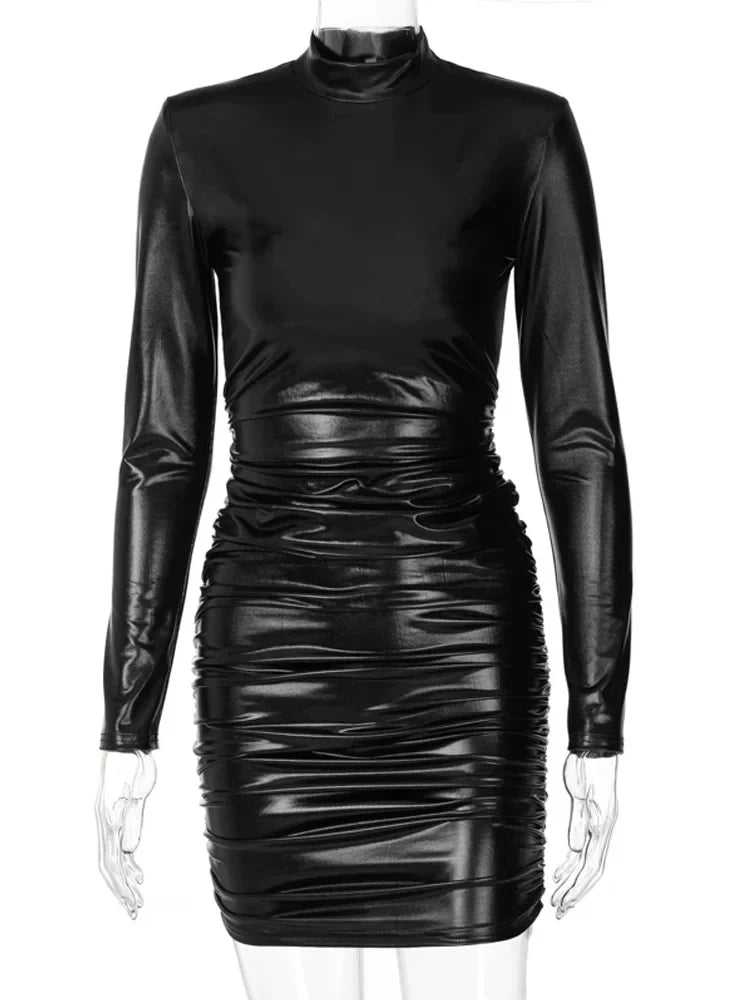 Faux Leather Turtleneck Long Sleeve Ruched Bodycon Mini Dress 3