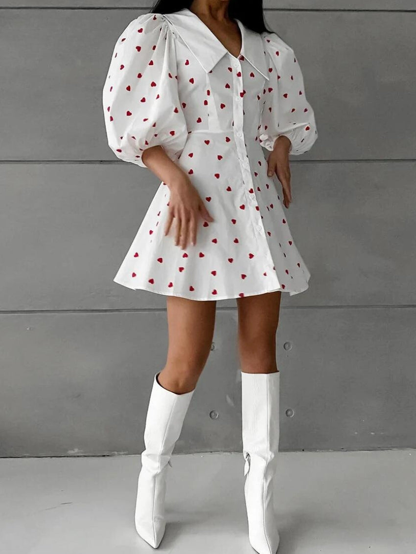 Heart-Print Collared Puff-Sleeve Flared Mini Dress