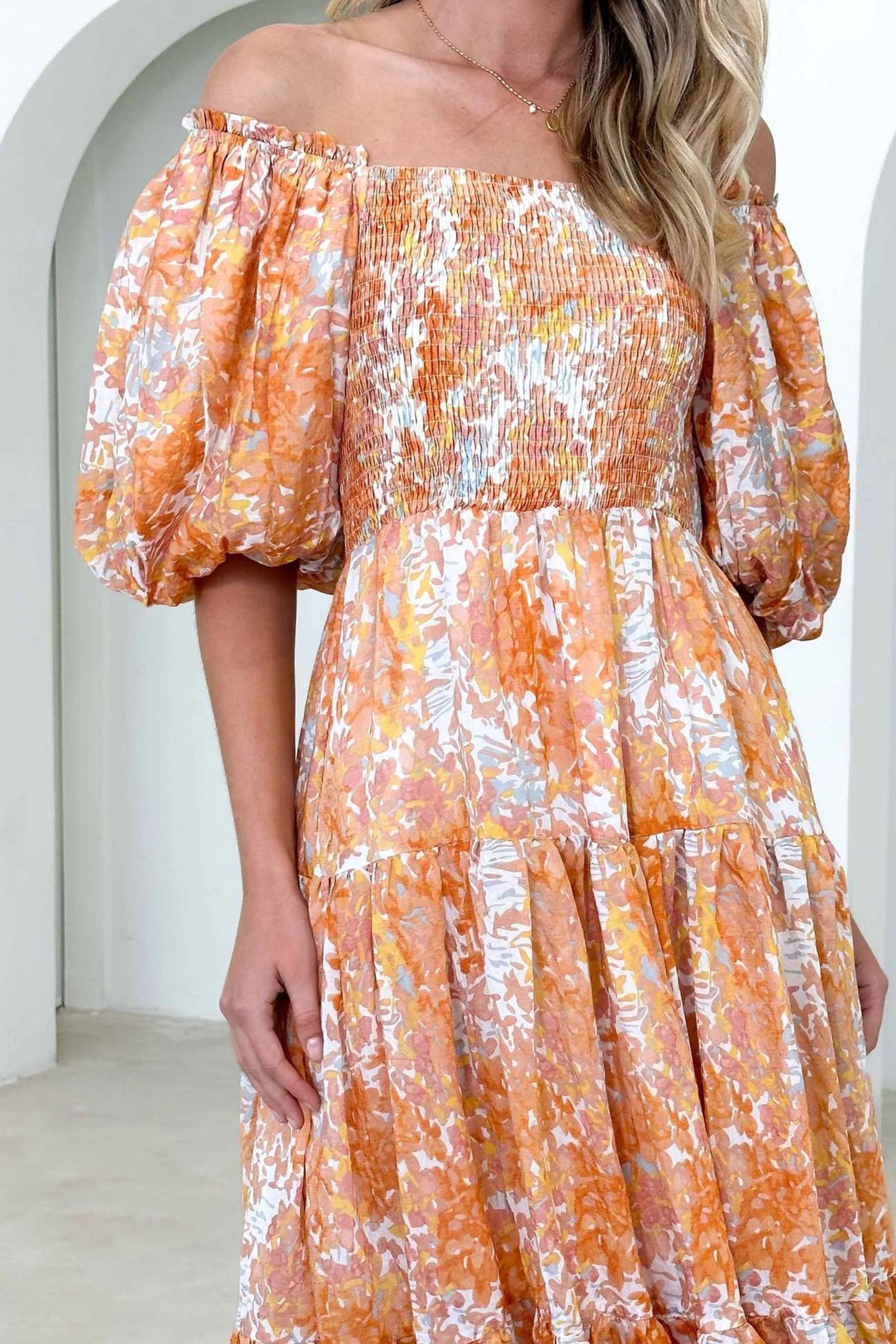 Puff Sleeve Printed Smocked Tiered Dress