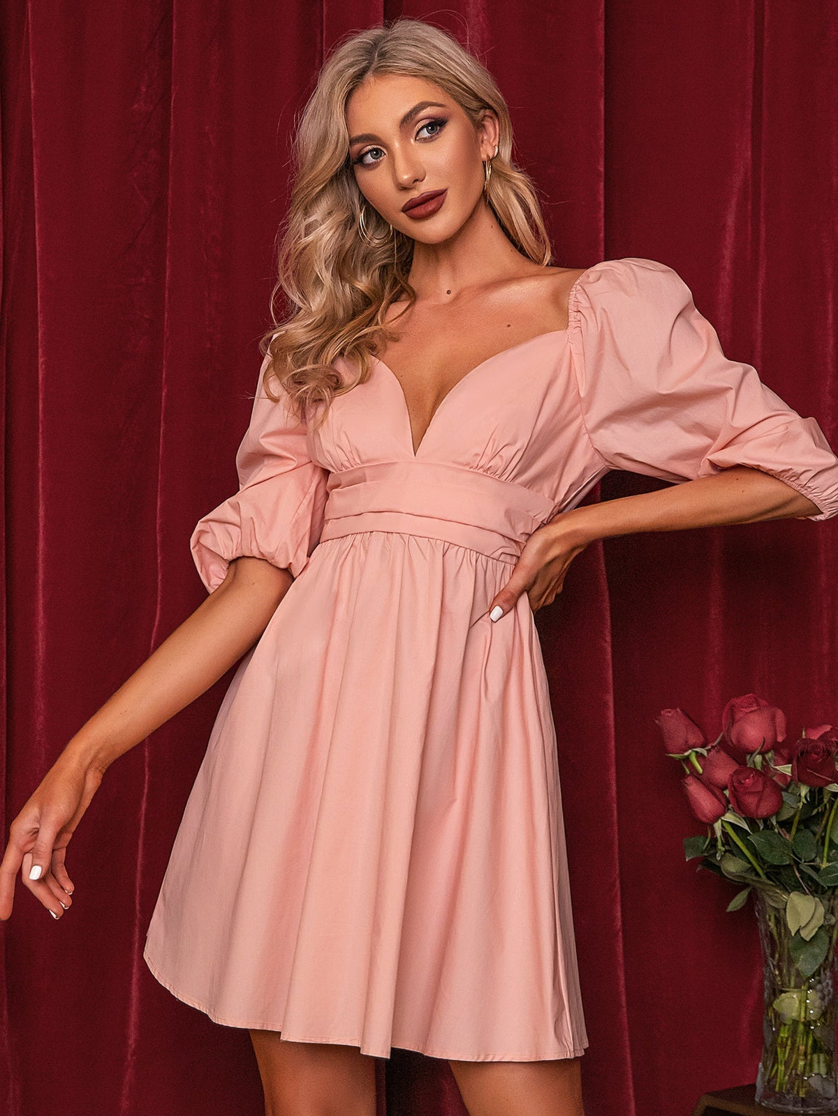 KittenAlarm - Puff Sleeve Sweetheart Neck Dress