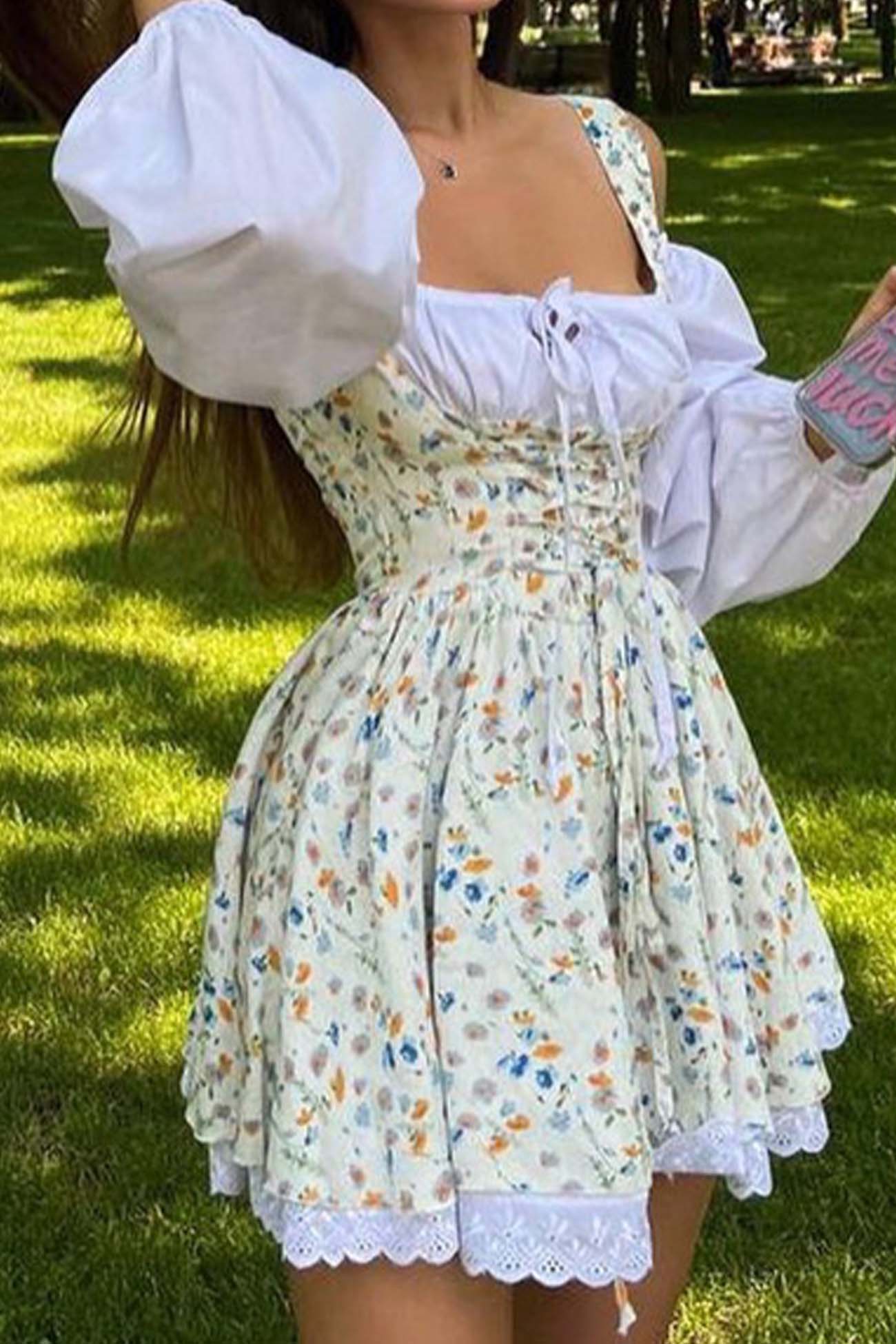 Puff Sleeve Floral Suspender Dress