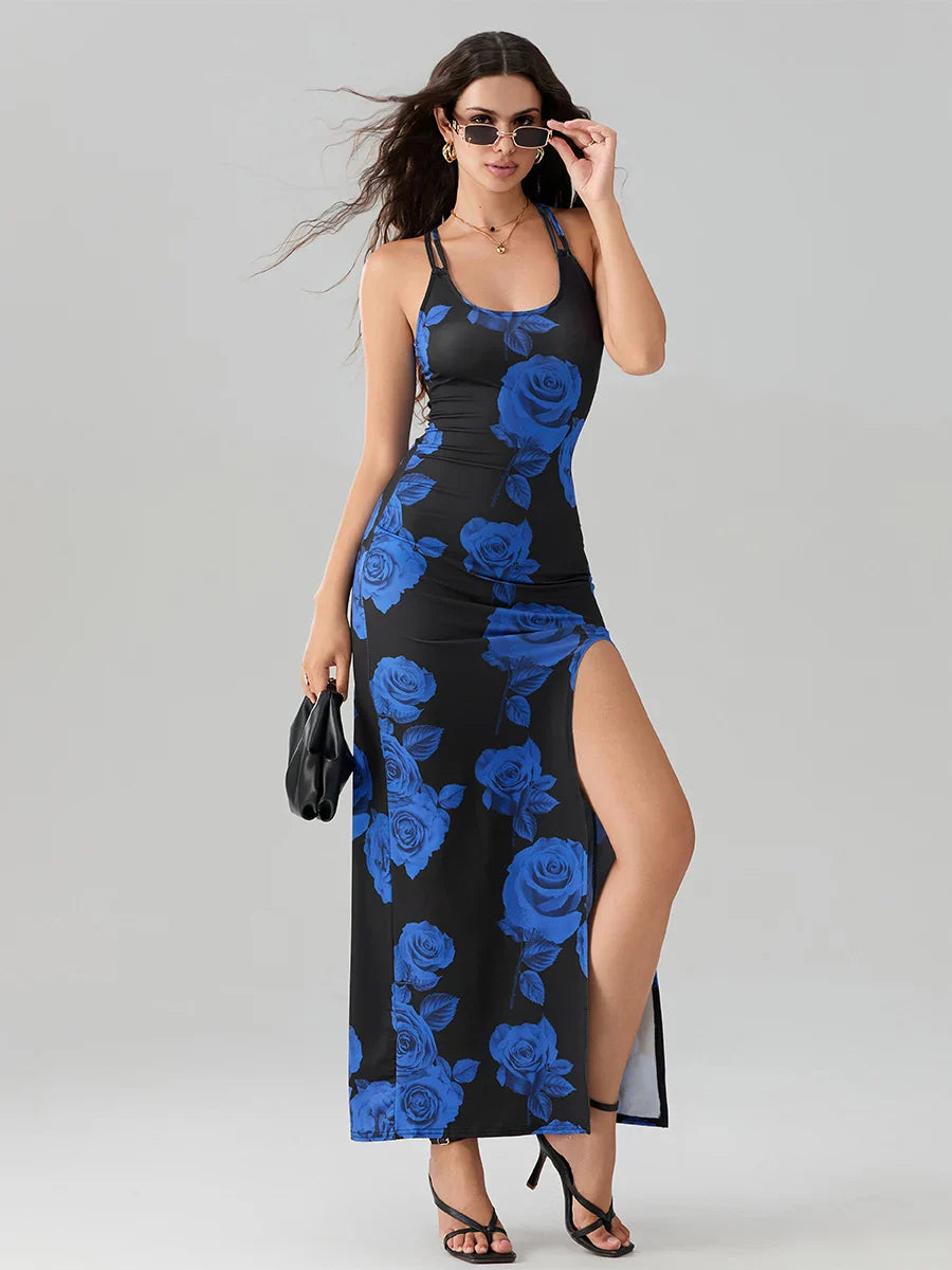 Open Back High Split Floral Print Bodycon Cami Club Floral Dress
