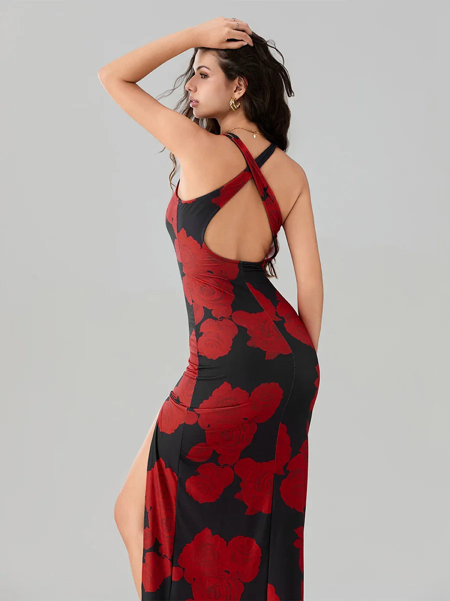 Open Back High Split Floral Print Bodycon Cami Club Floral Dress