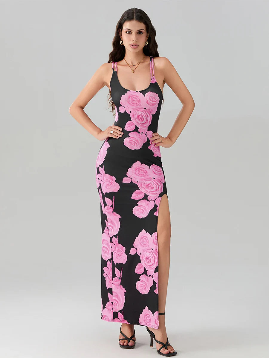 Open Back High Split Floral Print Bodycon Cami Club Floral Dress