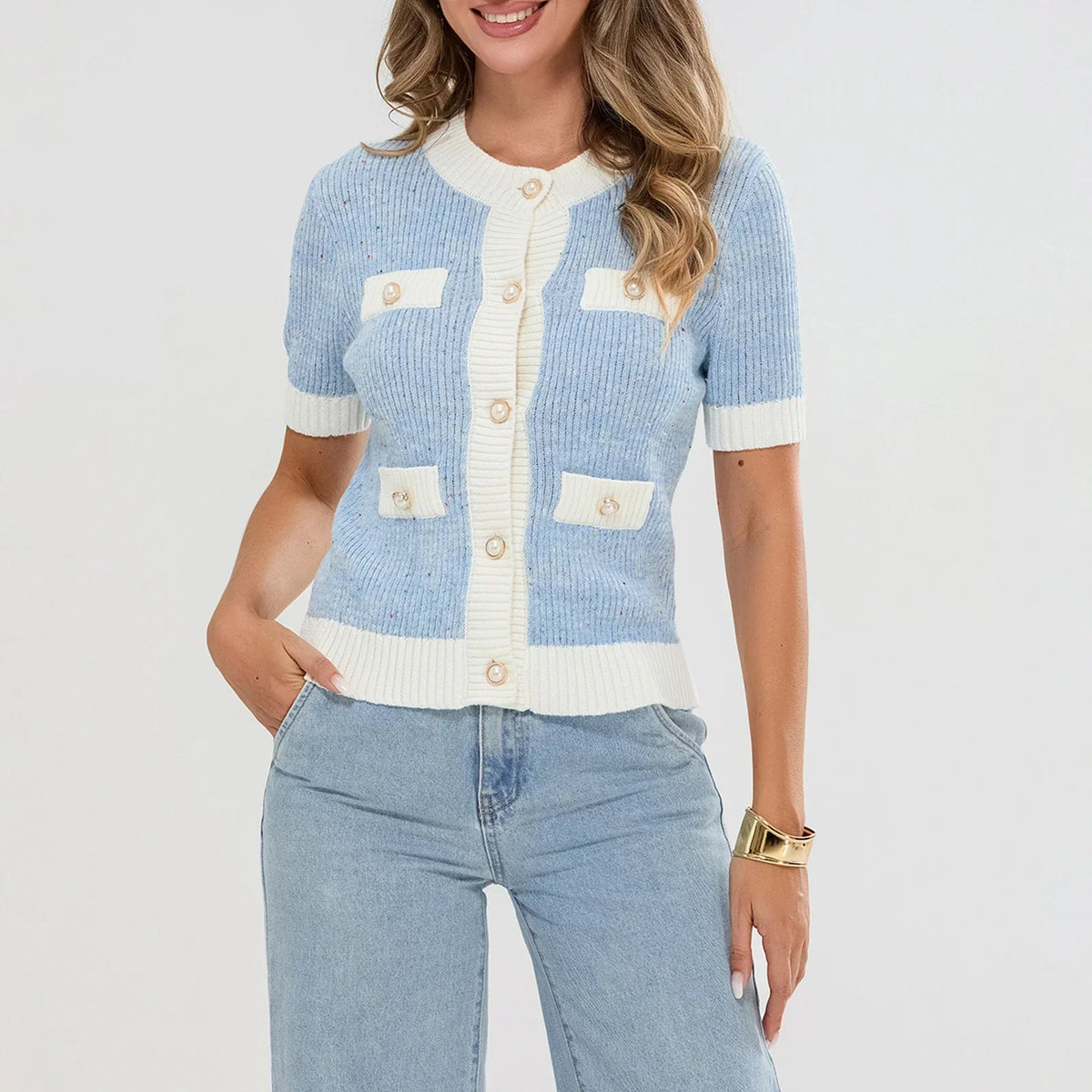 Pearl Button Short Sleeve Cardigan Blue / S Cardigan-241208