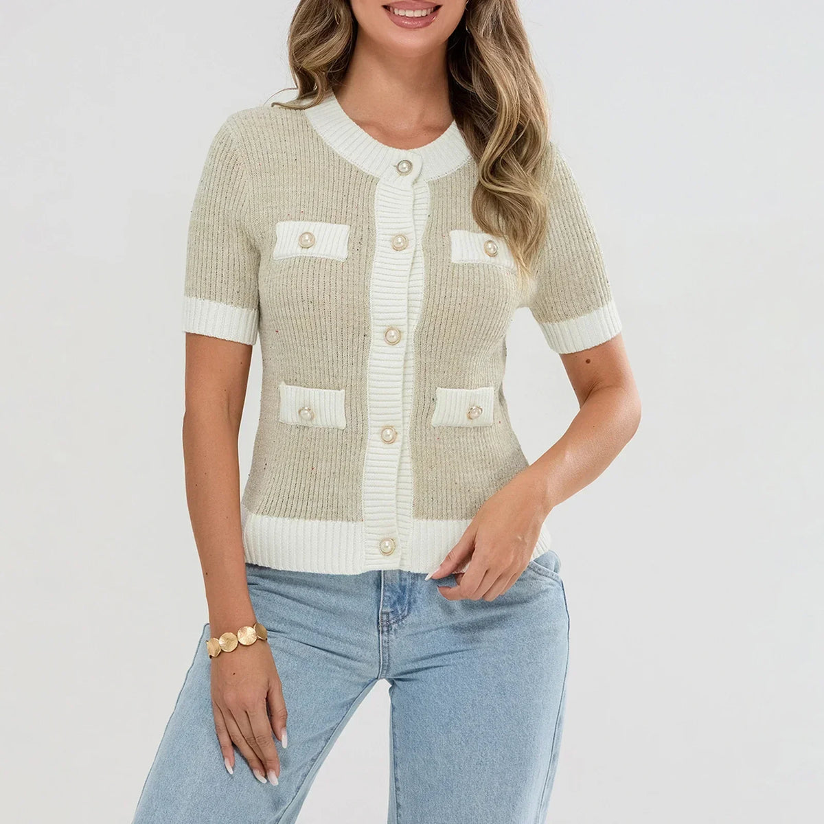 Pearl Button Short Sleeve Cardigan Green / S Cardigan-241208