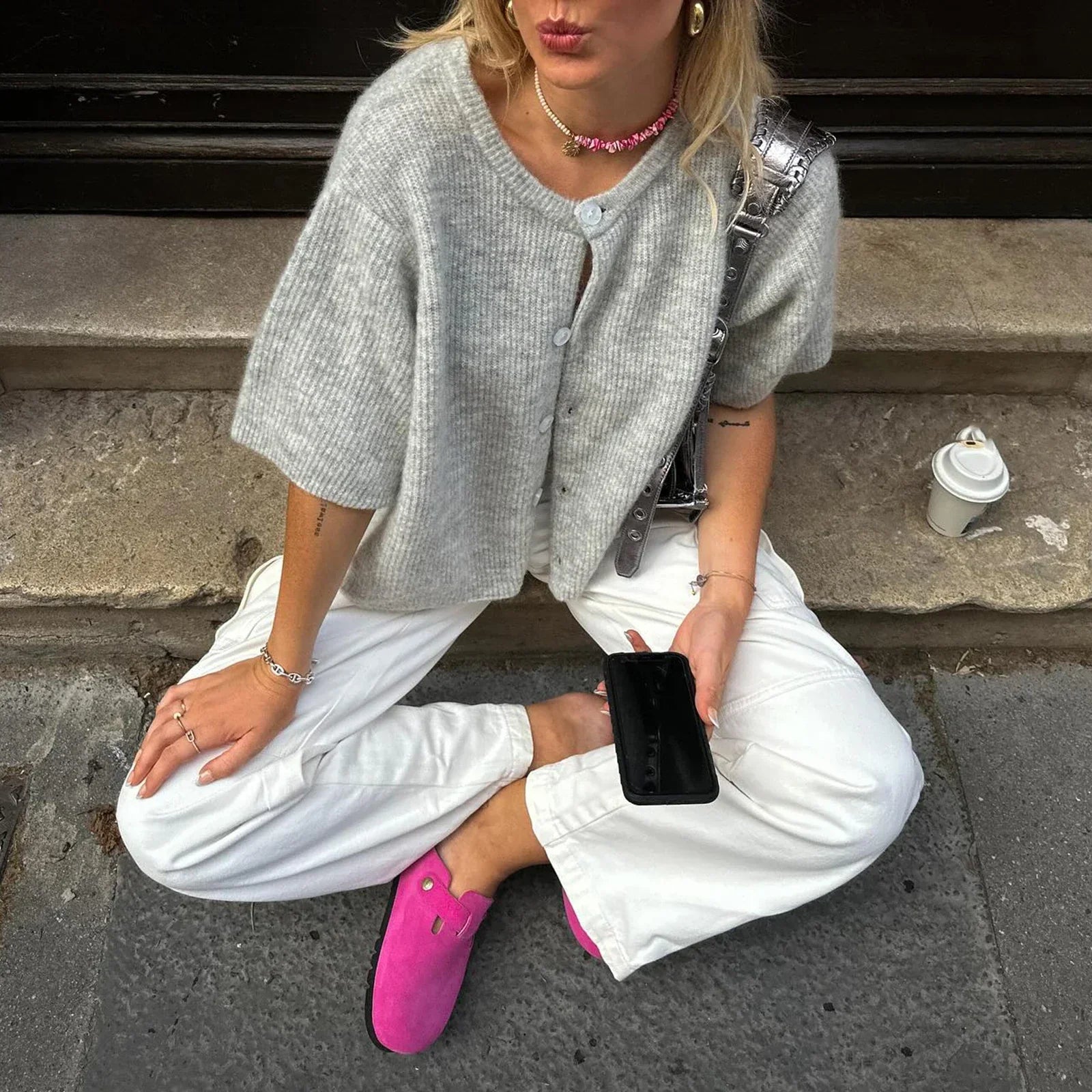 Solid Color Short Sleeve Button Cardigan