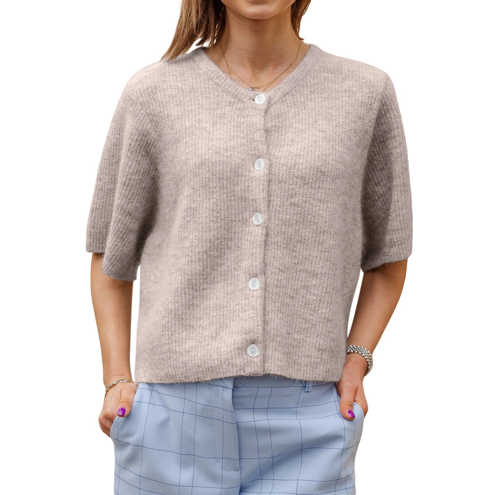 Solid Color Short Sleeve Button Cardigan