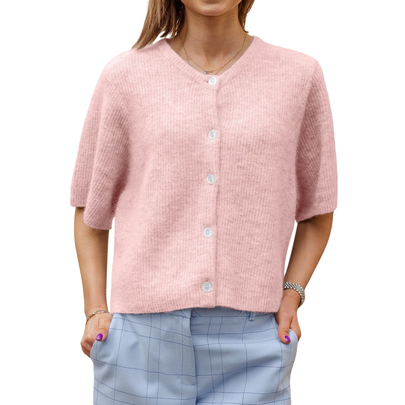 Solid Color Short Sleeve Button Cardigan