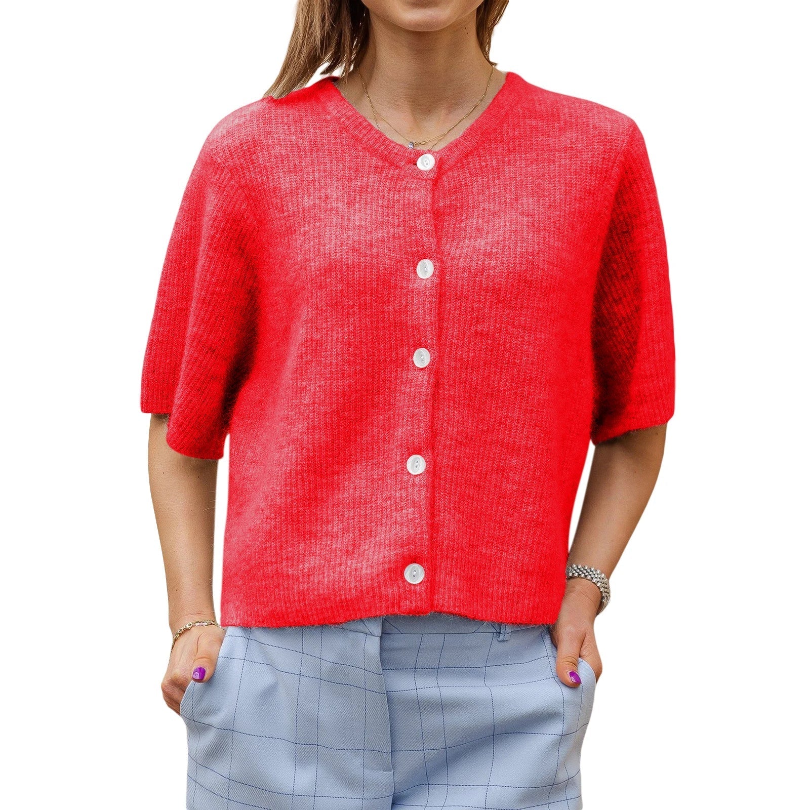 Solid Color Short Sleeve Button Cardigan
