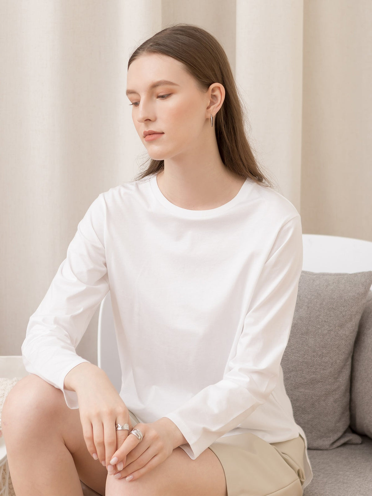 KittenAlarm - Pure Cotton Slit Round Neck Loose Long Sleeve T-Shirt Sweatshirt