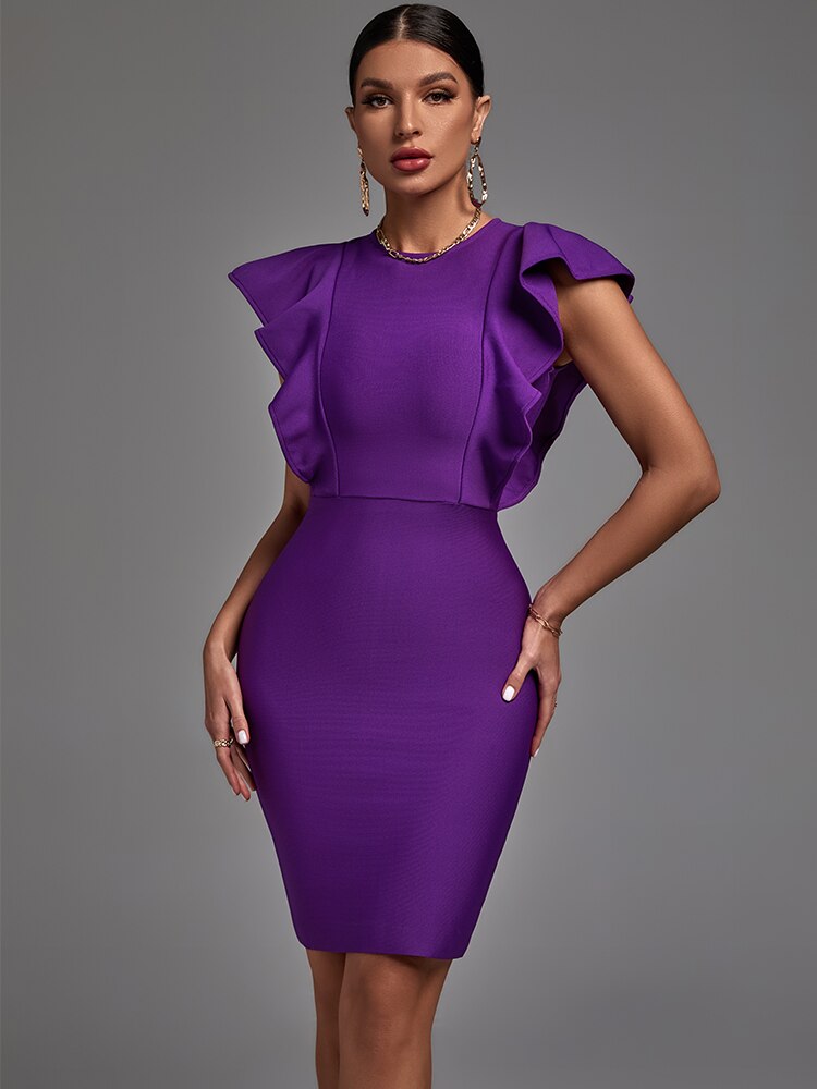 Bandage Round Neck Ruffle Sleeve Bodycon Dress