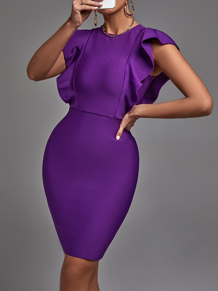 Bandage Round Neck Ruffle Sleeve Bodycon Dress 2