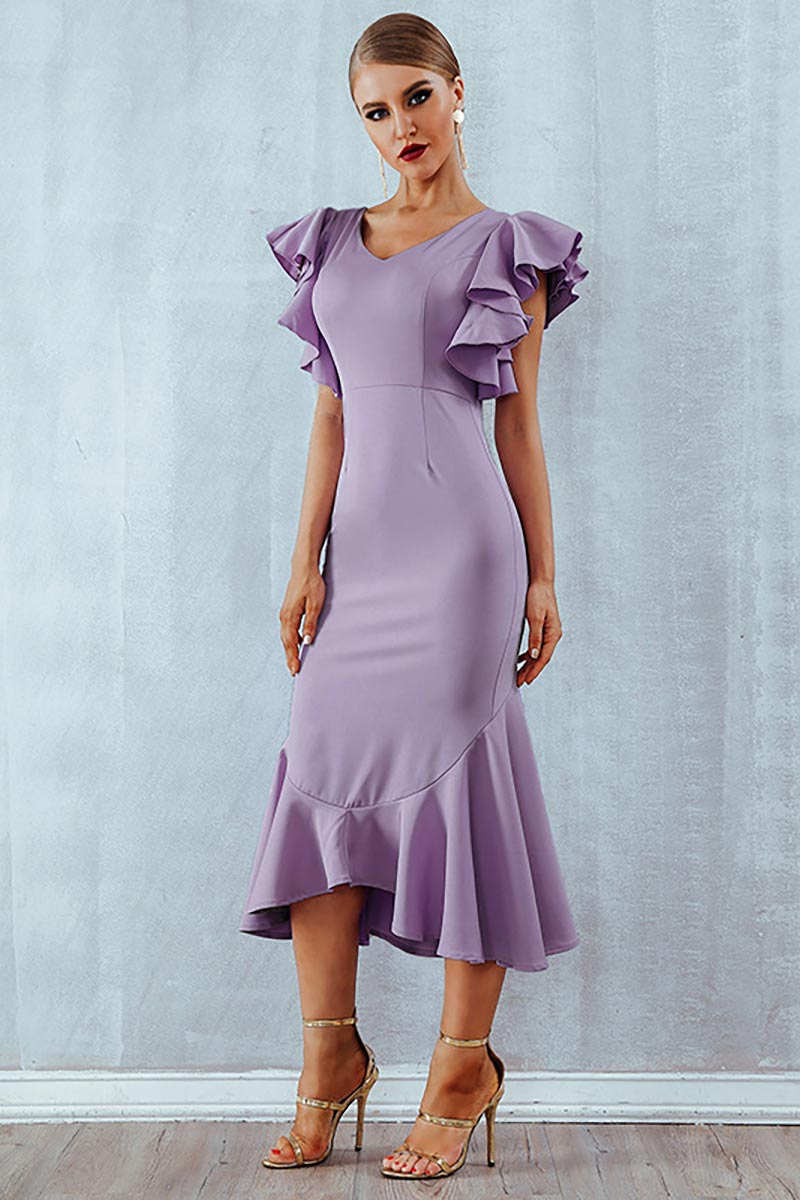 Purple Cross Back Mermaid V-neck Prom Dress