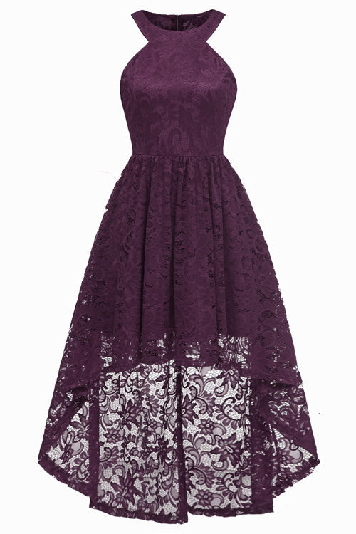 Dark Navy High Low Cut Out Lace Prom Dress - Mislish
