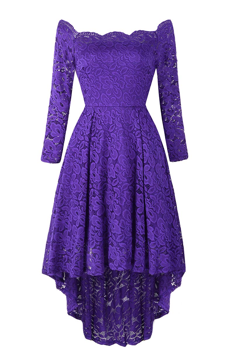Purple Off-the-shoulder Scalloped High Low Prom Dress - Mislish