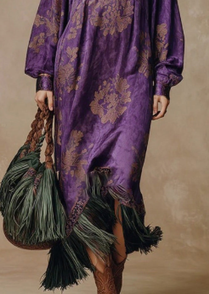Floral Damask Deep V-Neck Long Sleeve Tassel Fringe Midi Dress - View 4