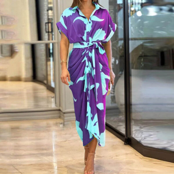 Abstract Floral Collared Tie-Waist Wrap Midi Dress
