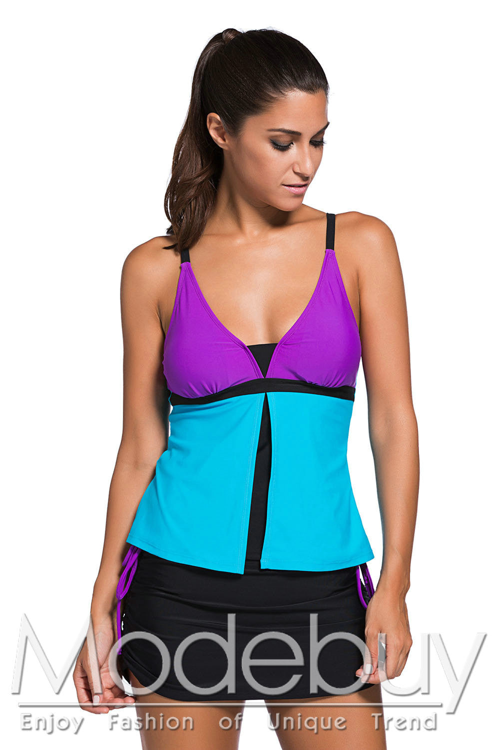 Purple Blue Colorblock 2 Pieces Tankini Skort Bottom Swimsuit