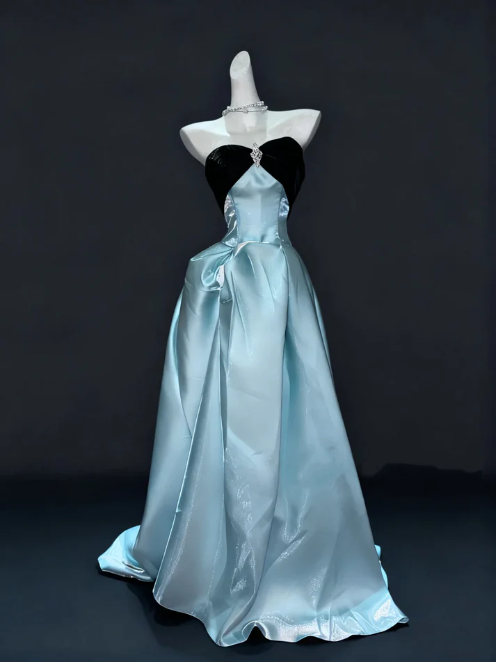 Cute Blue Satin Pleated Ball Gown 16th Birthday Party Dress D1070
