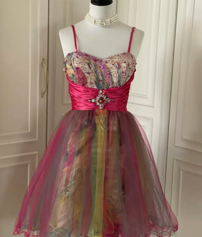 Vintage Spaghetti Straps Tulle Sequin Beaded Mini Homecoming Dress Party Dress S542