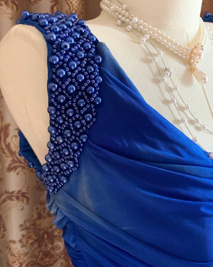 Sexy Royal Blue Tulle Pleated Beaded Mermaid Long Wedding Guest Dress Evening Dress D1716