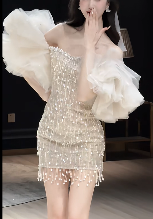 Glitter Light Champagne Sequin Beaded Sheath Short Prom Dress Birthday Outfits Formal Homecoming Dress D156