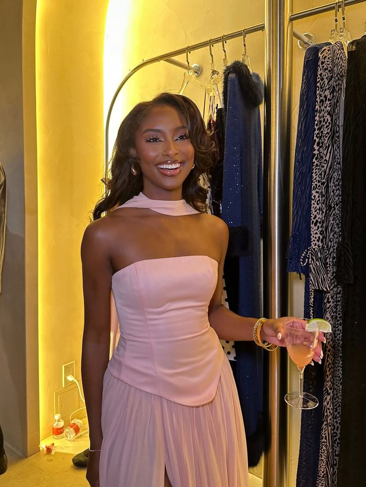 Classy Satin Chiffon Pink Strapless Slit Mermaid Prom Dress Formal Wedding Guest Dress With Ribbon D1083