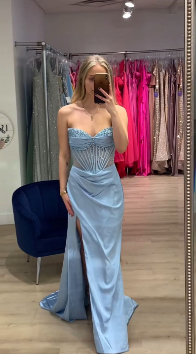 Classy Strapless Blue Satin Beaded Slit Mermaid Party Dress Long Prom Dress D913