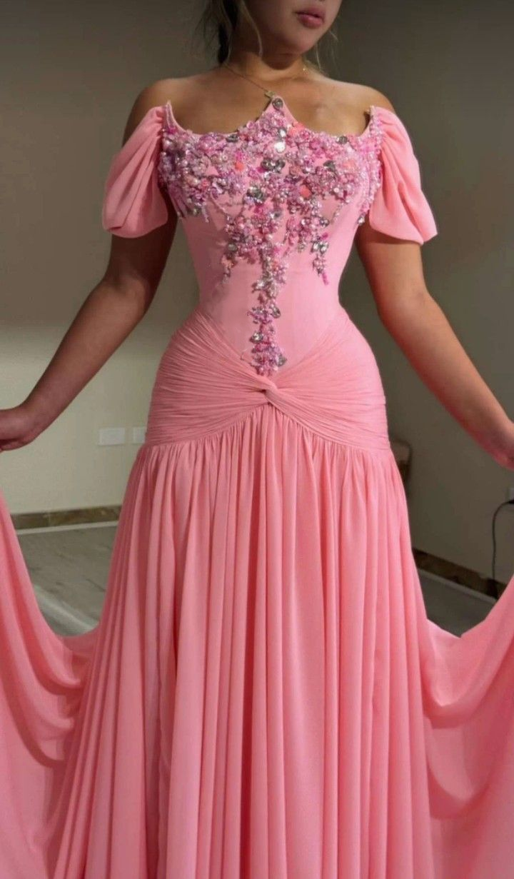 Cute Off The Shoulder Pink Chiffon Beaded Mermaid Long Party Dress Evening Gown D1304