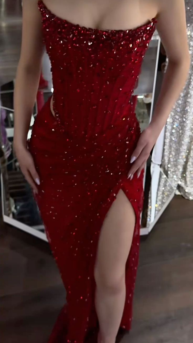 Vintage Burgundy Strapless Sequin Sheath High Slit Long Prom Dress Formal Evening Gown D688