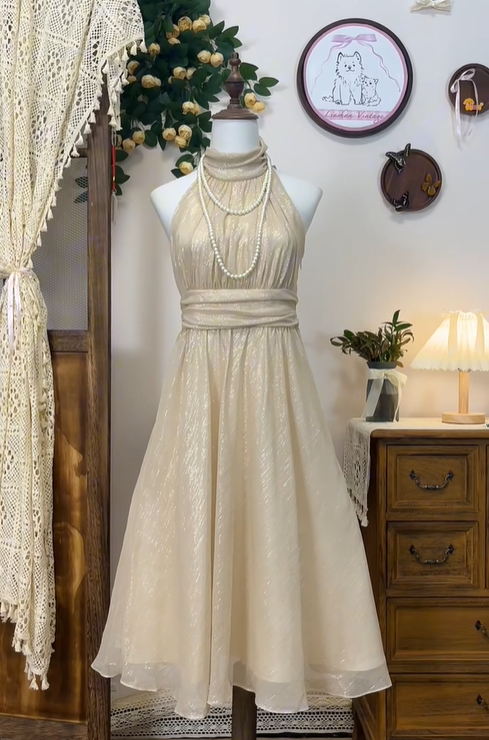 Sparkly Champagne Tulle Sequin A Line Formal Homecoming Dress Halter Birthday Dress S458