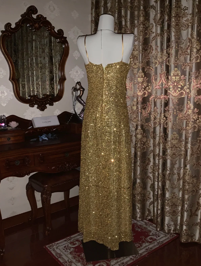 Glitter V Neck Sequin Beaded Gold Mermaid Party Dress Long Evening Dress D1725