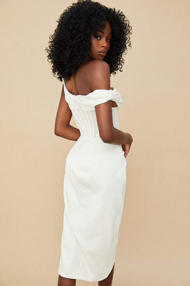 Satin One Shoulder Corset High Split Draped Midi Dress - View 13