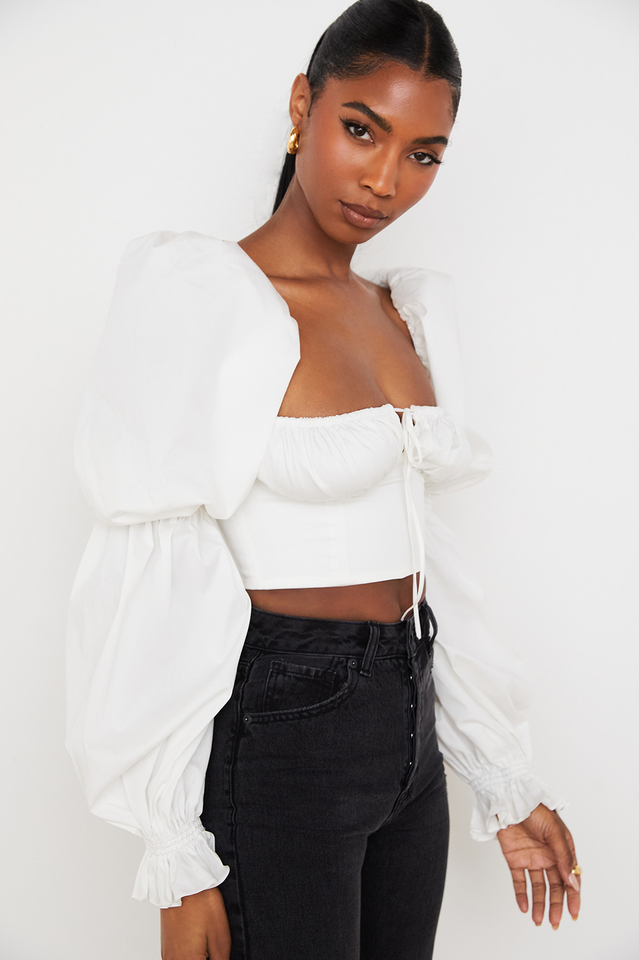 White Poplin Cropped Corset Top - Fashionpara