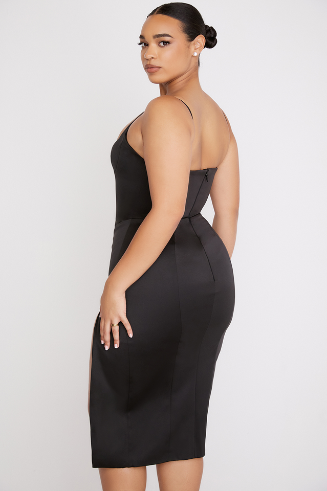 Satin Spaghetti Strap Corset High Split Midi Dress 49