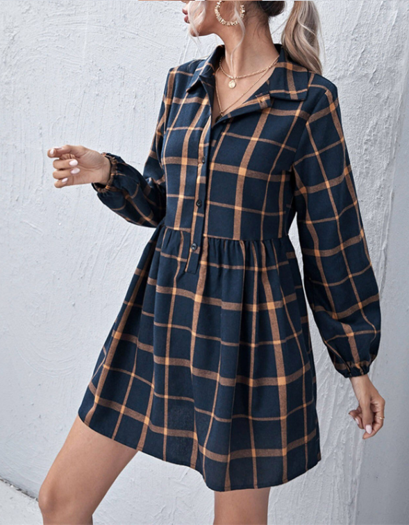 Plaid Collared Long Sleeve Button Front Smock Mini Dress 2