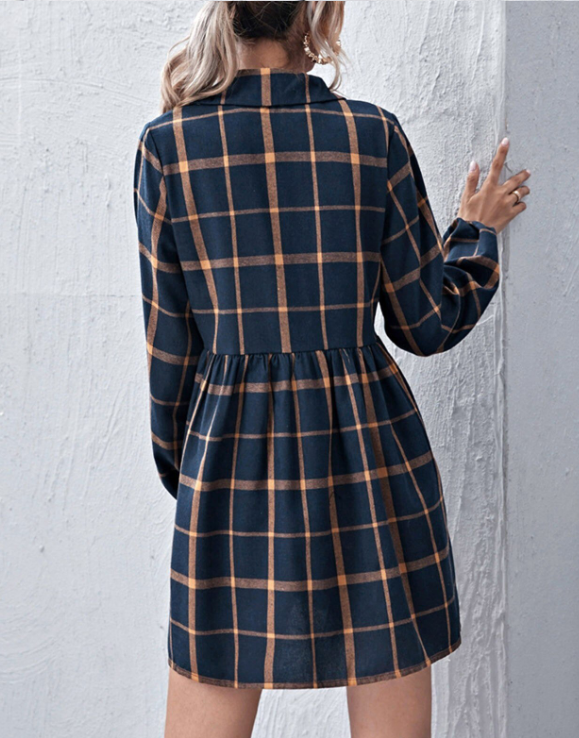 Plaid Collared Long Sleeve Button Front Smock Mini Dress 3