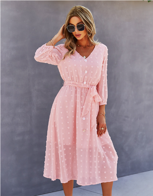 Swiss Dot V-Neck Button-Front Belted Midi Dress