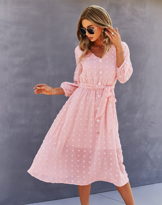 Swiss Dot V-Neck Button Front Belted Midi Dress 2