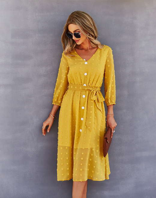 Swiss Dot V-Neck Button Front Belted Midi Dress 5
