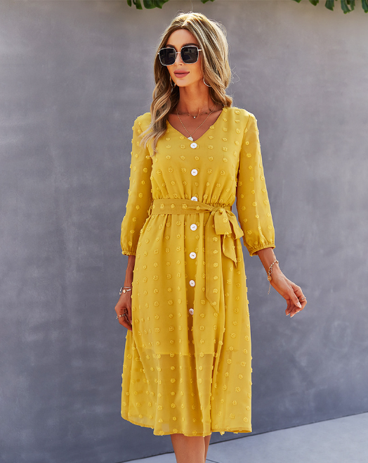 Swiss Dot V-Neck Button Front Belted Midi Dress 6