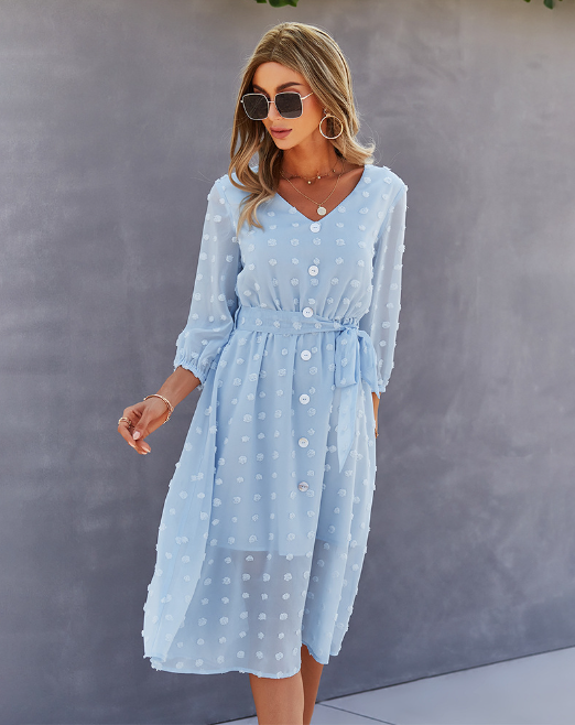 Swiss Dot V-Neck Button Front Belted Midi Dress 8