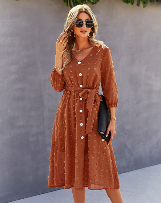 Swiss Dot V-Neck Button Front Belted Midi Dress 11