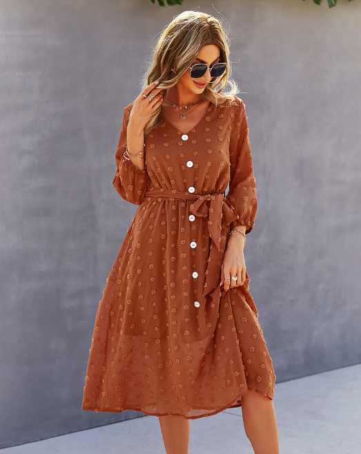 Swiss Dot V-Neck Button-Front Belted Midi Dress 12