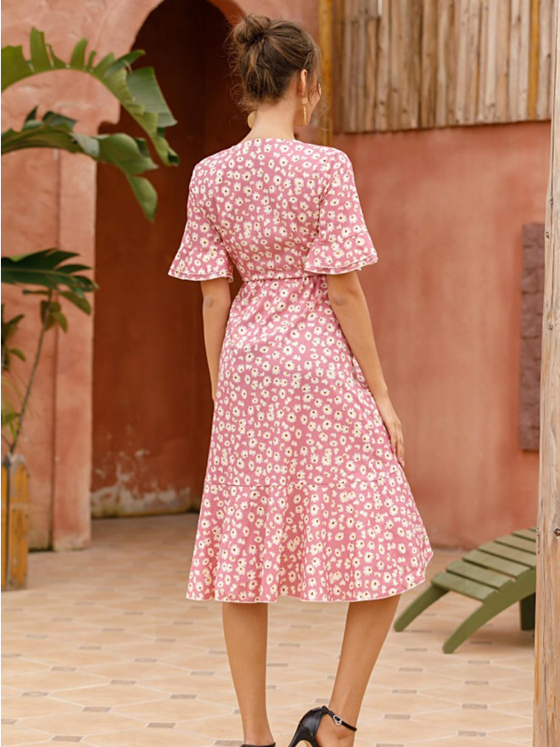 Floral Print V-Neck Flutter Sleeve Wrap Midi Dress 3