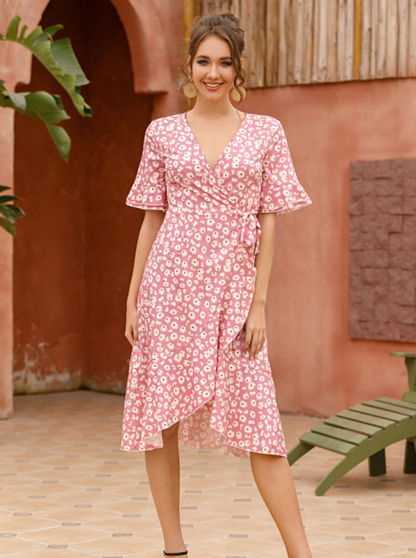 Floral Print V-Neck Flutter Sleeve Wrap Midi Dress 4
